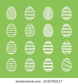 Huevos de Pascua. Huevos blancos con rayas, olas y zigzags sobre fondo verde. Elementos de vector dibujados a mano para el diseño de Semana Santa