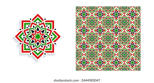 Ornament in eastern style. Islamic decor elements and template prints for national design. Arabic vector mandala flowers and backgrounds set. Traditional KSA, Kuwait, Oman, UAE, Kuwait flag colors.