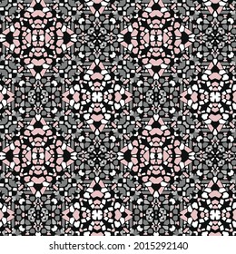 Ornament with elements of black and white and pink diamond shape retro mosaic patten, vintage islamic tile pattern.  