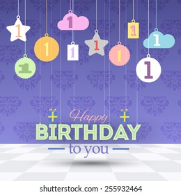 Ornament Elements Hanging Flat Happy Birthday Vector Design. Announcement and Celebration Message Card