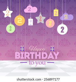 Ornament Elements Hanging Flat Happy Birthday Vector Design. Announcement and Celebration Message Card