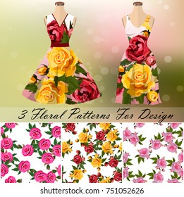 ornament or embroidery for dress. 3 seamless rose embroidery patterns for design, background or fashion. Summer dress design