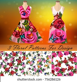 ornament or embroidery for dress. 3 seamless rose and butterflies embroidery patterns for design, background or fashion. Summer dress design