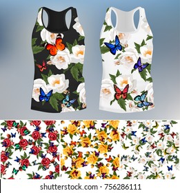 ornament or embroidery for t-short. 3 seamless rose and butterflies embroidery patterns for design, background or fashion