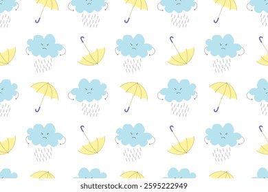 Ornament of environment. Rainy blue cloud frowns and is unhappy,  bright yellow umbrella. Beautiful seamless pattern for textiles, wrapping paper, background, wallpaper. White backdrop.