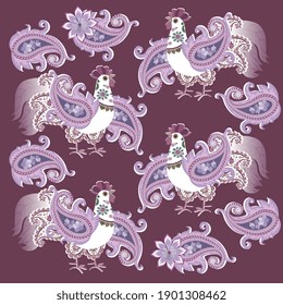 Ornament with fabulous roosters with wings in shape of paisley on dark purple background in vector. Cushion, pillowcase, handkerchief, carpet,doily. 