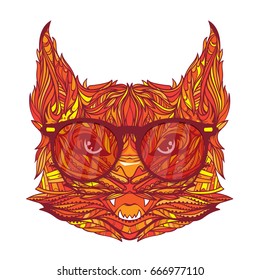 Ornament face of cat with fashion eyeglasses, fire orange colors, line art style, vector illustration isolated on white background