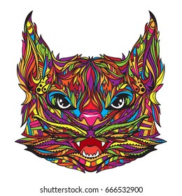 Ornament face of cat in line art style, vector illustration isolated on white background
