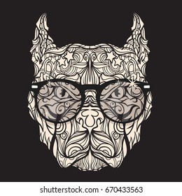 Ornament face of dog with fashion eyeglasses, black and white version, vector illustration isolated on dark background