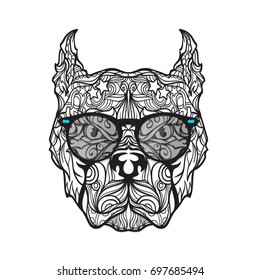 Ornament face of dog with fashion eyeglasses, vector illustration isolated on white background