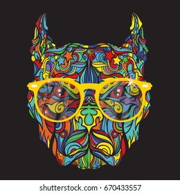 Ornament face of dog with fashion yellow eyeglasses, vector illustration isolated on dark background