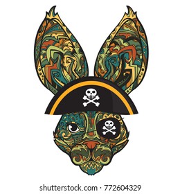 Ornament face of funny and cute line art rabbit or bunny pirate, line art style, vector illustration isolated on white background