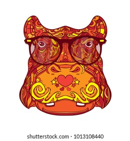 Ornament face of hippopotamus in line art style, vector illustration