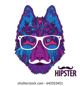Ornament face of hipster dog with white mustache and fashion white eyeglasses. Logotype for hipsters with mustache. Vector illustration isolated on white background