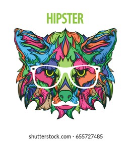 Ornament face of hipster fox with white eyeglasses and mustache, vector illustration isolated on white background