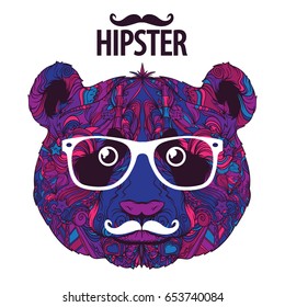 Ornament face of hipster panda with fashion eyeglasses and mustache, line art, vector illustration isolated on white background