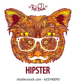 Ornament face of hipster red panda with fashion eyeglasses and mustache, line art, vector illustration isolated on white background