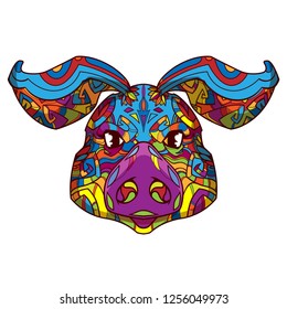 Ornament face of line art pig, vector abstract illustration isolated on white background with many different colors