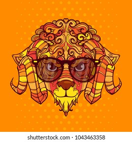 Ornament face line art of sheep, ram with horns, eyeglasses, sunglasses, vector cartoon illustration isolated on background