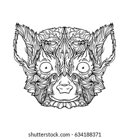 Ornament face of Madagascar lemur in black and white colors. Line art style. Vector illustration isolated on white background.