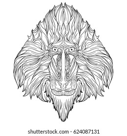 Ornament face of Mandrill monkey isolated on white background. Line art style.  