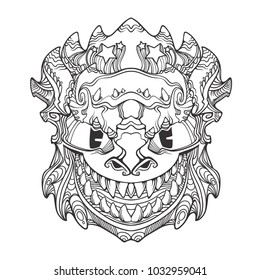 Ornament face mask of demon, dragon with many teeth and horns, vector black and white line art illustration isolated on white background
