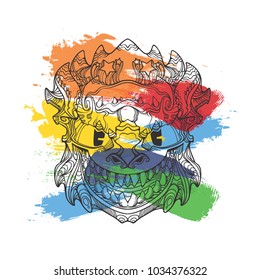 Ornament face of monster, demon face in line art style, color paint on back, vector illustration isolated on white background