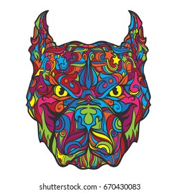 Ornament face of pitbull dog in line art style with many colors, vector illustration isolated on white background