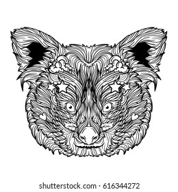 Ornament face of red panda. Coloring book page. Isolated on white background. Line art style. 