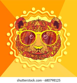 Ornament face of styled panda with yellow fashion eyeglasses, vector illustration isolated on yellow abstract background, mandala style, line art svg