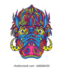 Ornament face of warthog in line art style, coloring book page, vector illustration isolated on white background