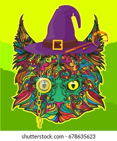 Ornament face of witch cat with witch hat, spell stick and gold monocle in line art style, can be used for some cards or print