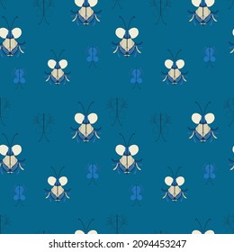 Ornament with fantastic beetles, for children fabrics, wallpaper. Blue background. Monochrome drawing.