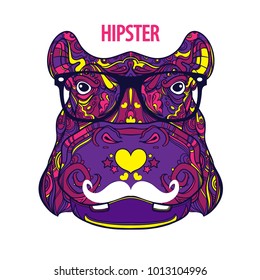Ornament fashion face of hipster hippo in line art style, vector cartoon illustration isolated on white background