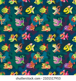 Ornament with fish. Vector seamless pattern. Design print for textile, fabric, wallpaper, background.