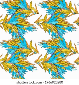 Ornament with floral elements, blue and yellow. White background. Retro style.