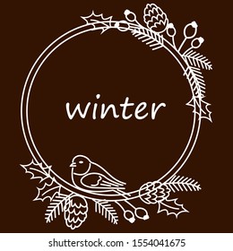 ornament with floral elements in a circular frame with a bird, pattern for Christmas card in black and white