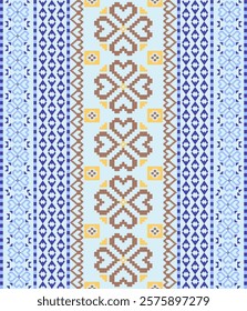 Ornament floral embroidery knitting on blue and yellow background. Pixel repeat pattern.