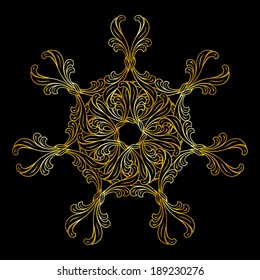 Ornament in floral style and gold colors on black background