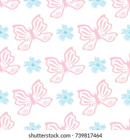 Ornament with flowers and butterflies drawn by hand. Cute seamless pattern. Vector illustration.