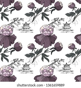 Ornament from flowers of peonies and pagodas. Seamless pattern. Vector illustration.