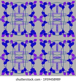 Ornament in folk style, abstract elements, plant details, berries. Purple and blue. Gray background. Endless pattern, for fabrics, shawls and pillows.