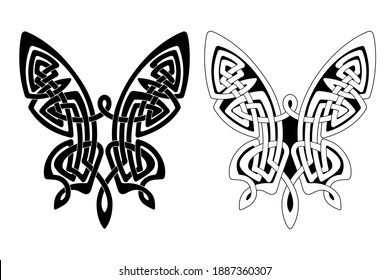 Ornament in the form of butterfly with outstretched wings in the Celtic national style isolated on a white background.