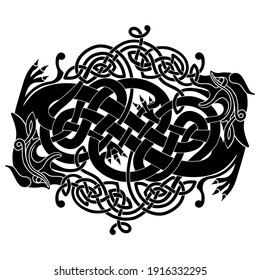 Ornament in the form of two braided dragons in the Celtic national style isolated on a white background.