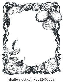 Borde de marco de adorno con avellanas. Etiqueta elegante en forma de formas de plantas de filigrana vintage. Dibujo de línea en tinta para Plantilla de etiquetas, embalaje, emblema de licor Nocino.