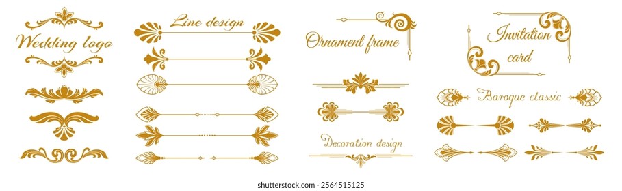 Ornament frame. Decoration floral classic design, wedding logo isolated golden element. Border collection, line royal corners. Motif gold, Baroque style. Curl graphics, divider. Vector calligraphy