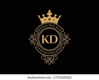 Marco del ornamento con el logotipo inicial del niño, de la corona del vintage, y del palacio real. Elegante floritura es dorado y lujoso
