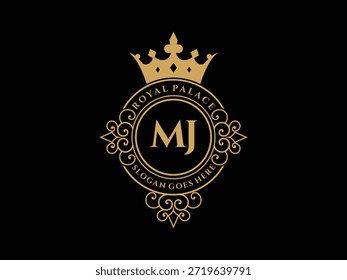 Quadro de ornamento com mj inicial, coroa vintage e logotipo do palácio real. Elegante floreio é dourado e luxuoso