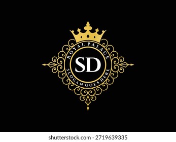 Quadro de ornamento com sd inicial, coroa vintage e logotipo do palácio real. Elegante floreio é dourado e luxuoso