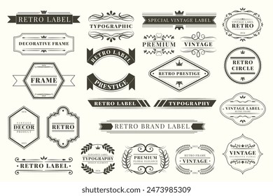 Ornament frame, logo set. Label element, flourish design. Ribbon elegant shape, banner decoration. Retro classic ornate text, luxury old sign. Elegant filigree calligraphy forms. Vector garish graphic